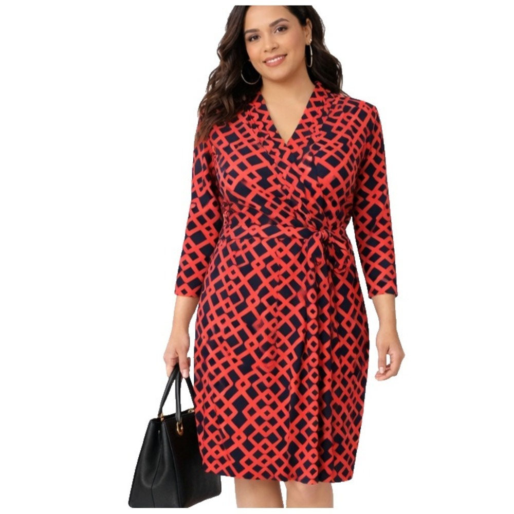 LIZ CLAIBORNE Size Large Red Blue Geometric Faux Wrap Belted V-Neck Career Dress